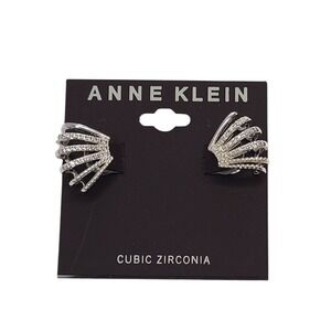 Anne Klein Cubic Zirconia Fan Shape Hoop Earrings Silver Tone